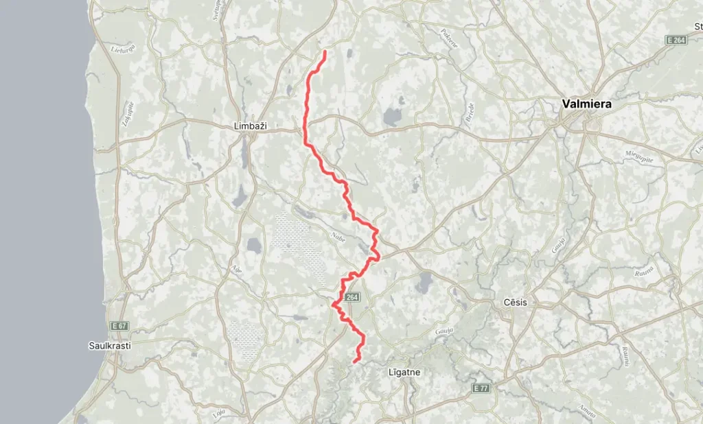 Braslas upes maršruts Latvijas kartē starp Limbažu un Cēsu apkārtni