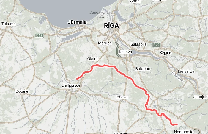 Misas upes maršruts kartē no Latvijas dienvidiem līdz Jelgavas apkārtnei